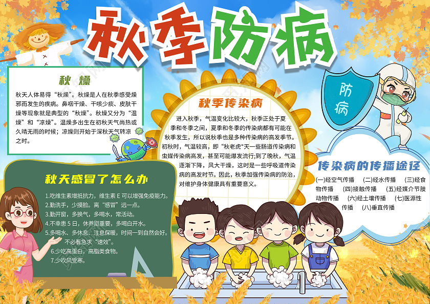 蓝色 卡通 秋季防病  秋季传染病卡通小报手抄报