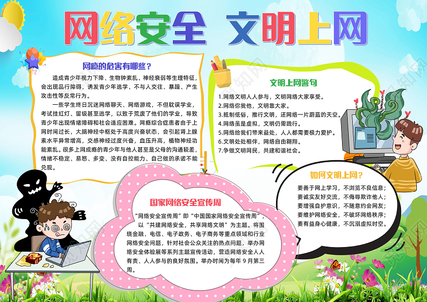 蓝色卡通网络安全文明上网小报手抄报卡通小报手抄报