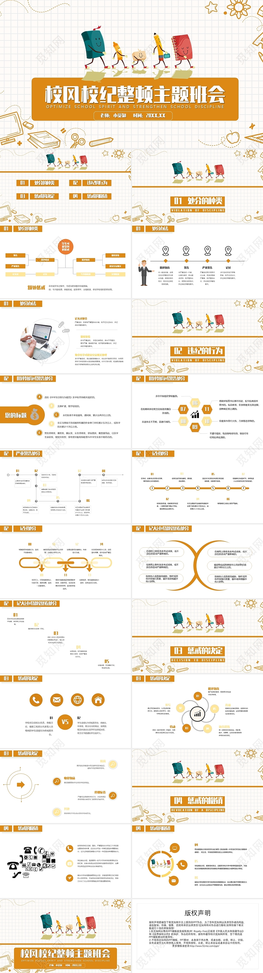 黄色卡通简约校风校纪整顿主题班会安全教育 PPT 模板