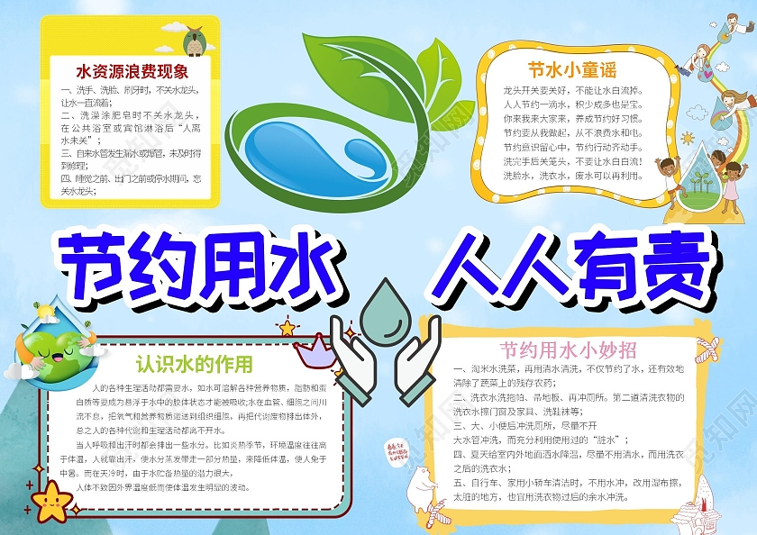 蓝色卡通节约用水word电子小报节约用水绿色家庭节水小报低碳节能绿色环保保护水资源