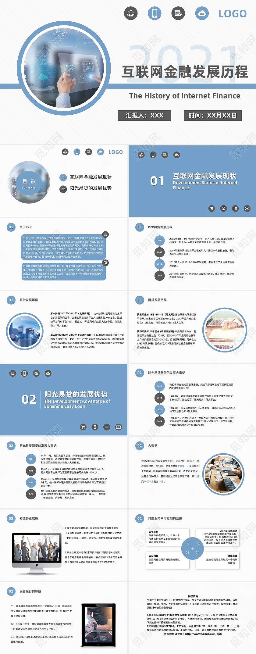 蓝色商务简约大气互联网金融发展历程企业培训商务通用PPT模板