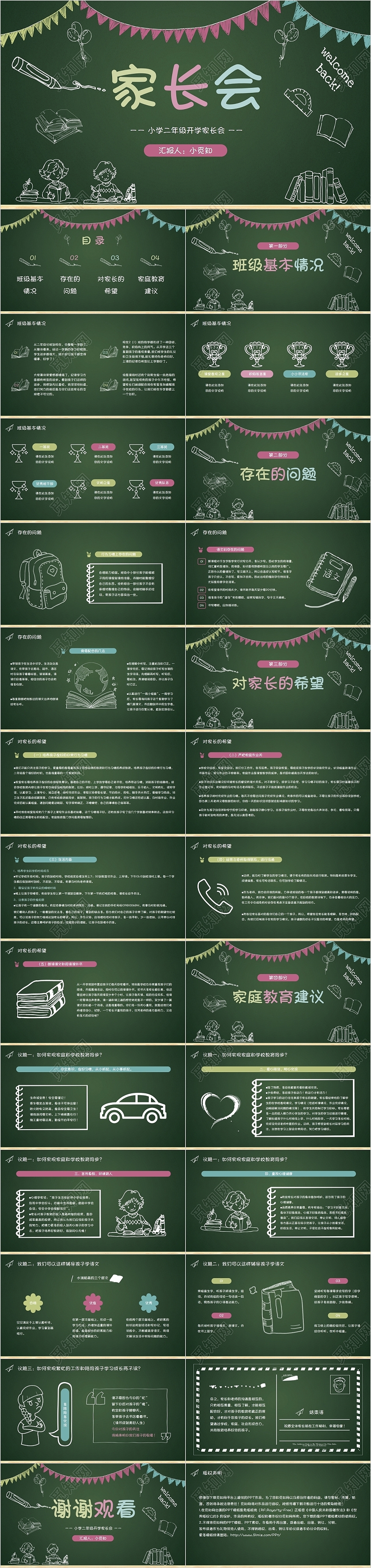 绿色简约黑板风小学二年级开学家长会PPT模板