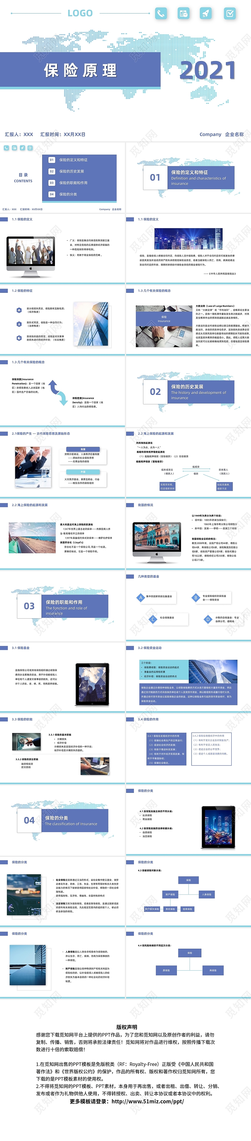 蓝色商务简约大气保险原理保险分类企业培训商务通用PPT模板