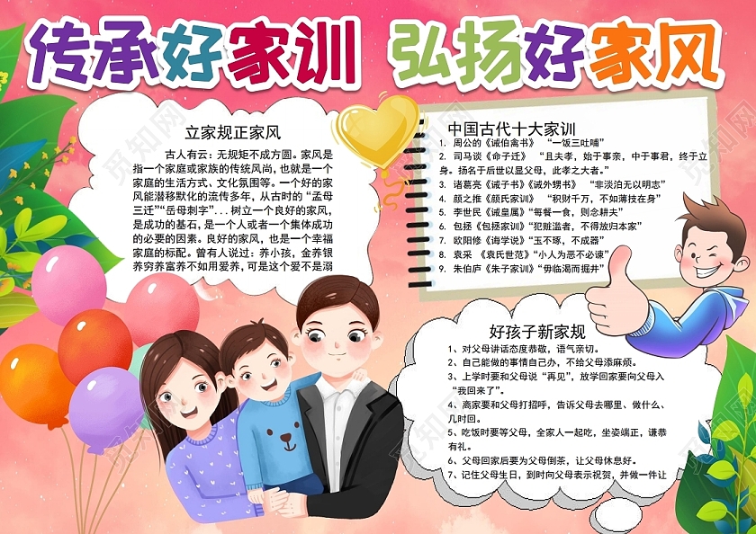 传统文化传承好家训弘扬好家风家规中国文化小报手抄报弘扬传统文化家风家训家规中国文化