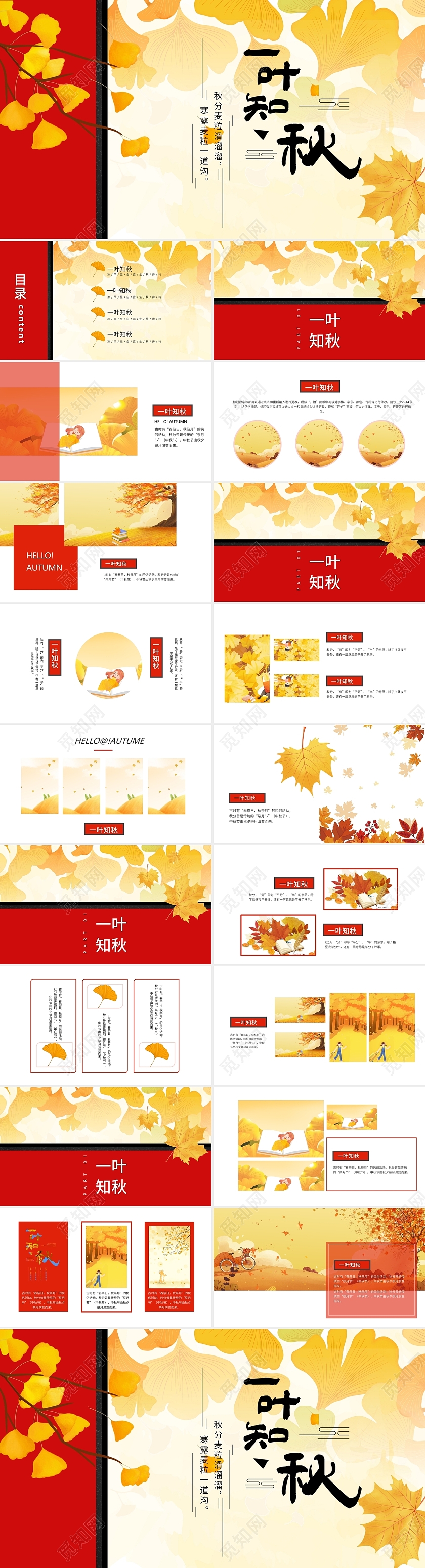 白色简约一叶知秋秋天黄色落叶主题PPT模板秋天相册