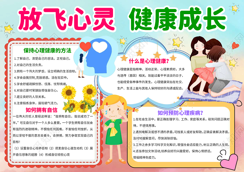 青色卡通心理健康放飞心灵健康成长小报手抄报卡通小报手抄报
