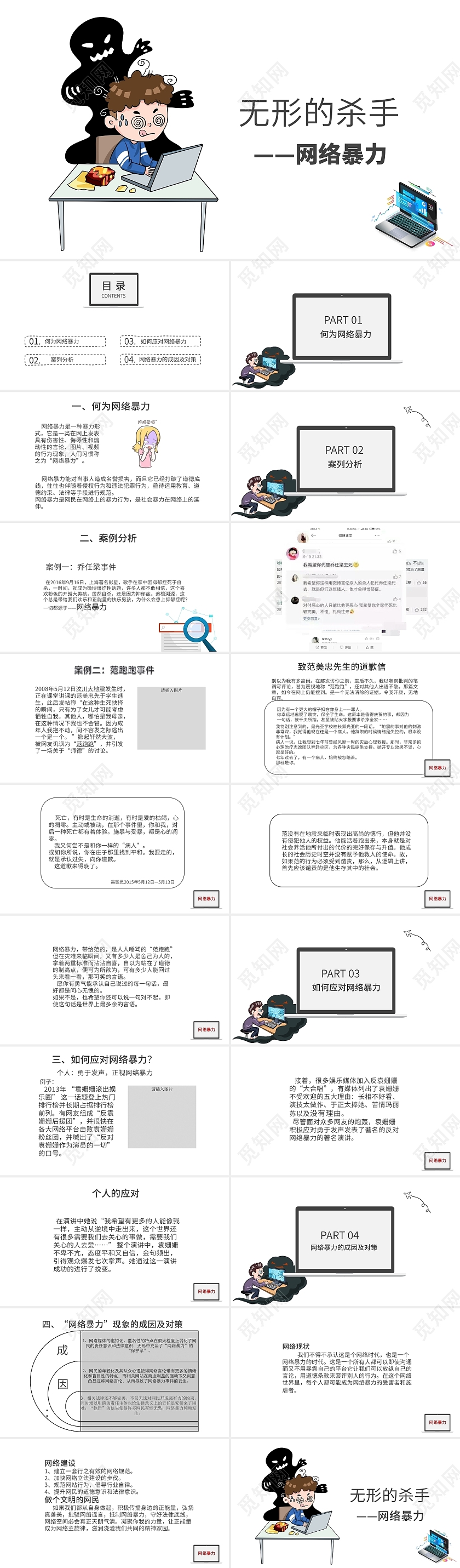 白色简约无形的杀手网络暴力PPT模板