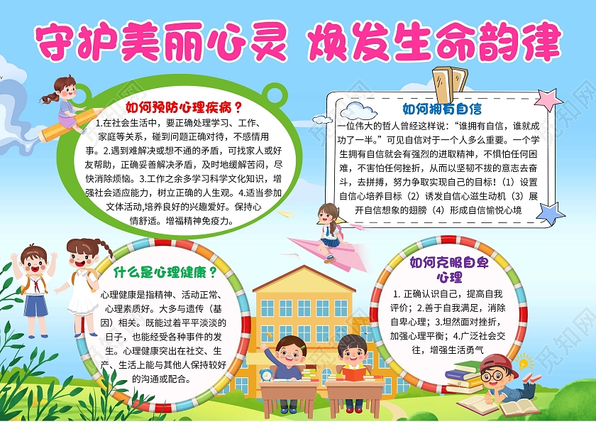 蓝色卡通守护美丽心灵焕发生命韵律心理健康卡通小报手抄报