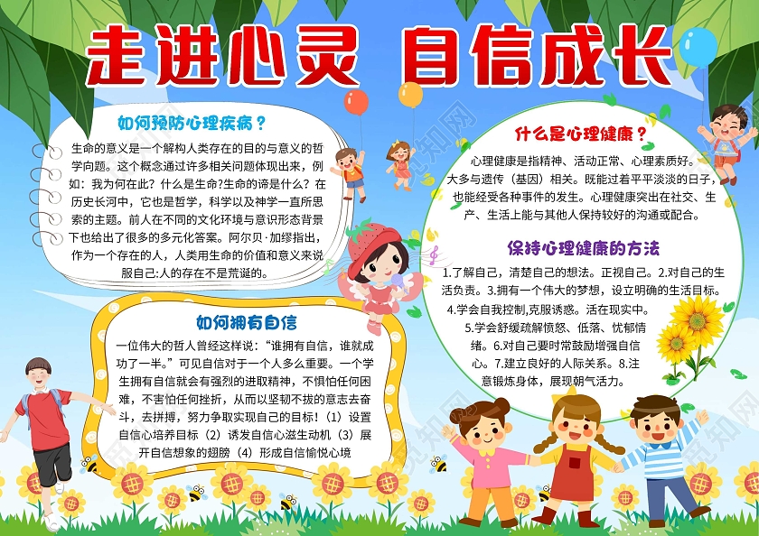蓝色卡通走进心灵自信成长心理健康卡通小报手抄报