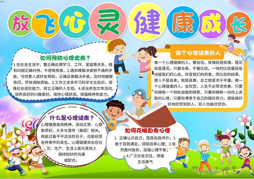 蓝色卡通放飞心灵健康成长心理健康卡通小报手抄报
