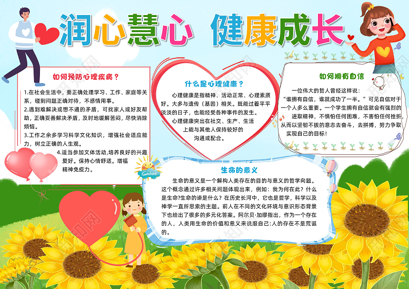 蓝色卡通润心慧心健康成长心理健康小报手抄报