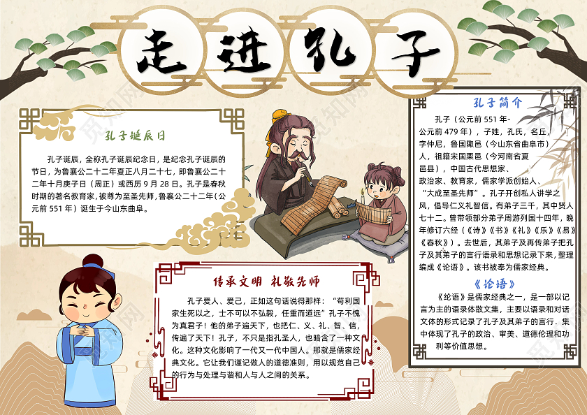 黄色卡通走进孔子孔子诞辰日小报手抄报卡通小报手抄报