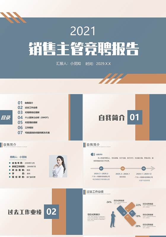 蓝色商务简约销售经理主管竞聘报告PPT模板宣传PPT动态PPT