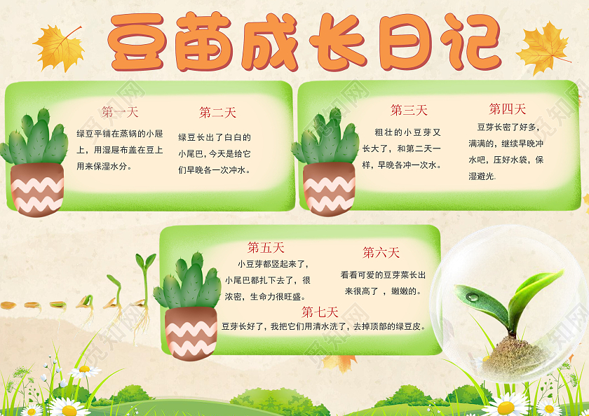 黄色卡通插画豆苗成长日记手抄报word文档模板豆芽成长日记植物生长记观察日记植物种植自然笔记