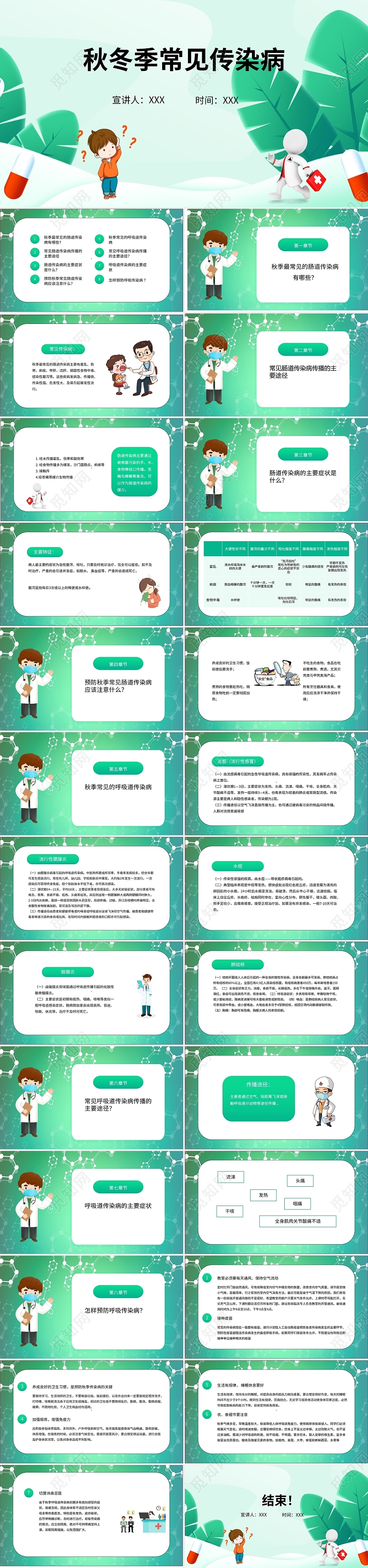 浅绿色秋冬季常见传染病宣传ppt模板网_卡通秋冬季秋季疾病预防教育