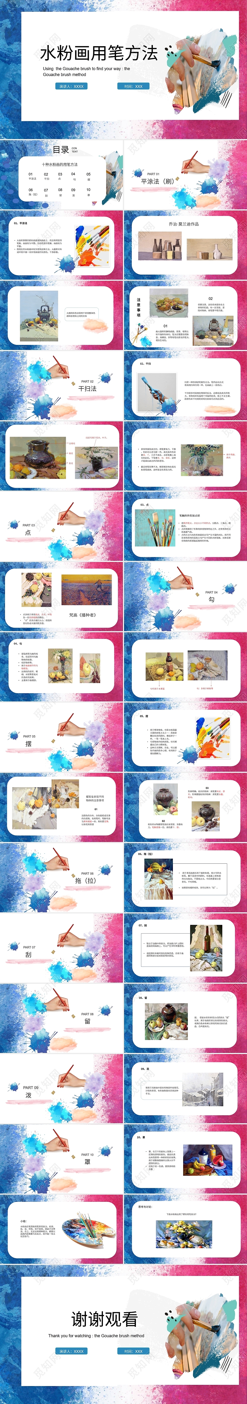 蓝色粉色水彩风水粉画用笔方法培训PPT模板