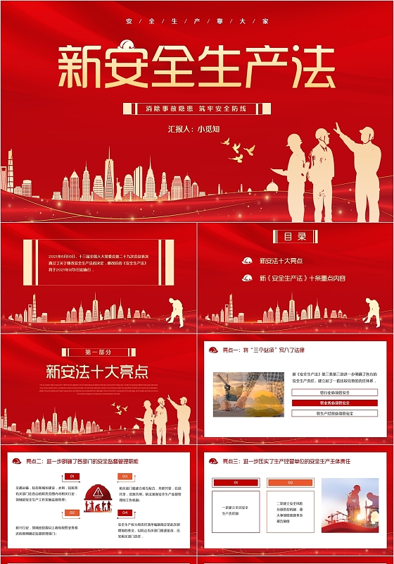 红色简约城市工人剪影新安全生产法PPT模板