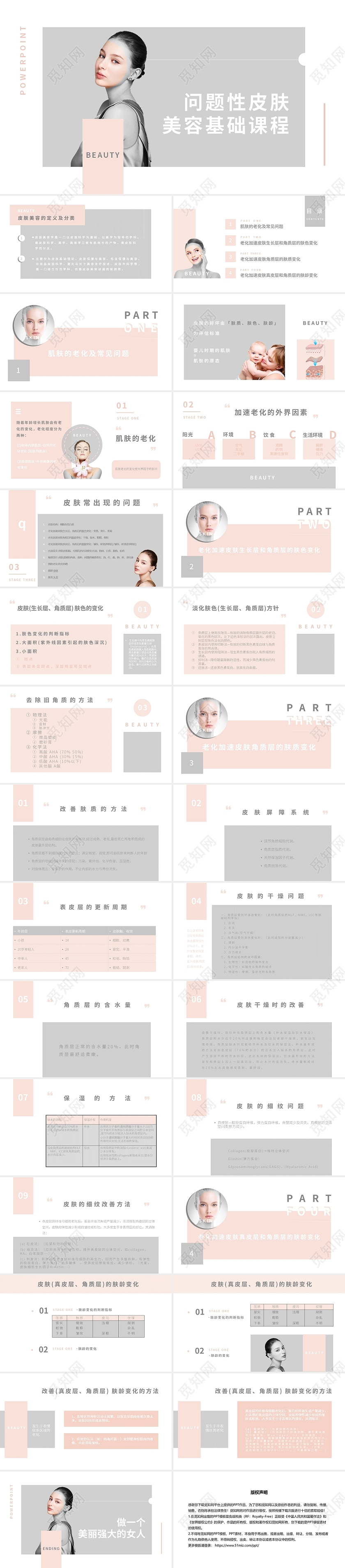 肤色简约欧美杂志风问题性皮肤美容基础课程PPT模板
