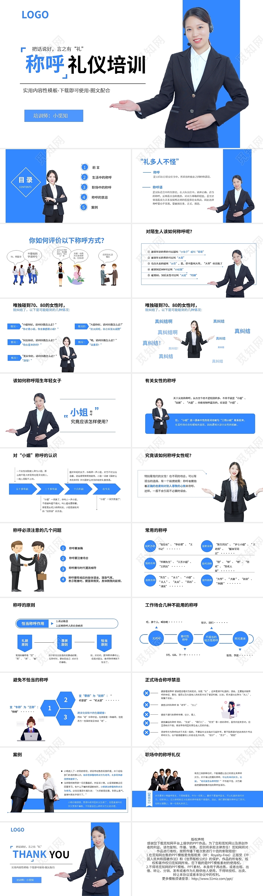 蓝色简约称呼礼仪培训PPT模板宣传PPT动态PPT