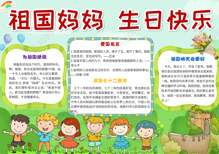 青色卡通祖国妈妈生日快乐72周年小报手抄报