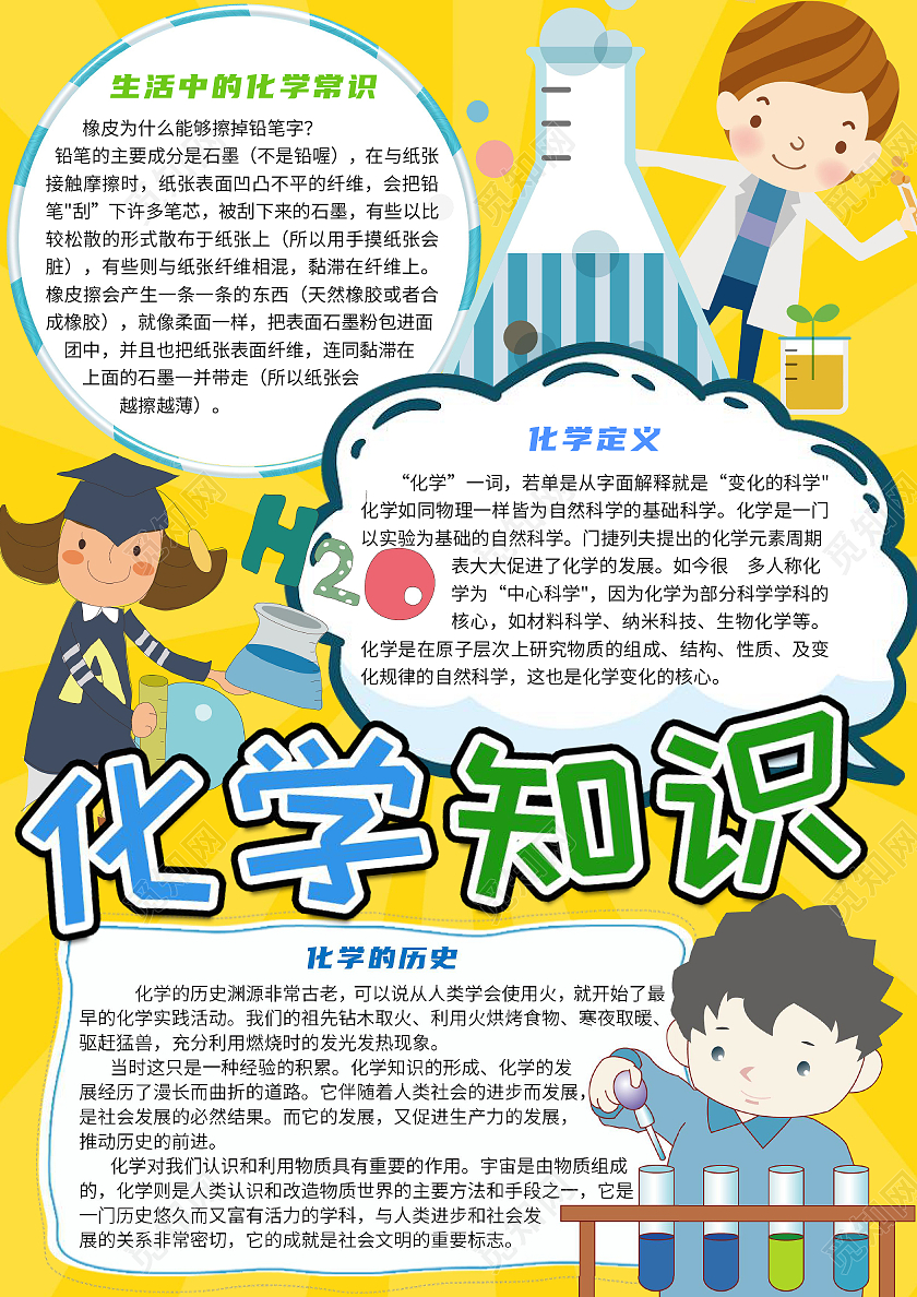 黄色卡通化学知识生活中的化学科学小实验小报手抄报