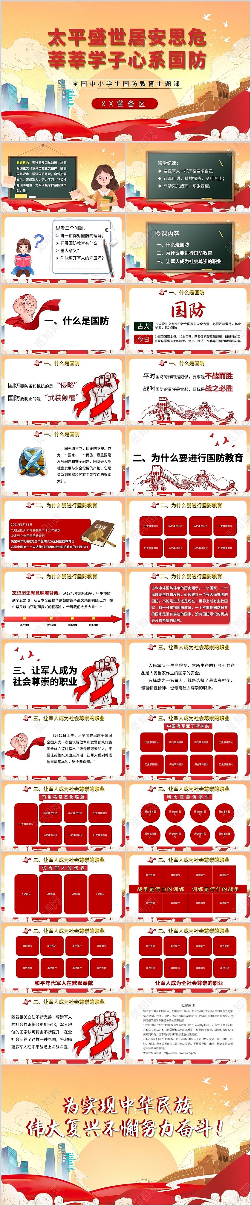 红色校园国防教育知识主题班会学习讲座班课PPT模板