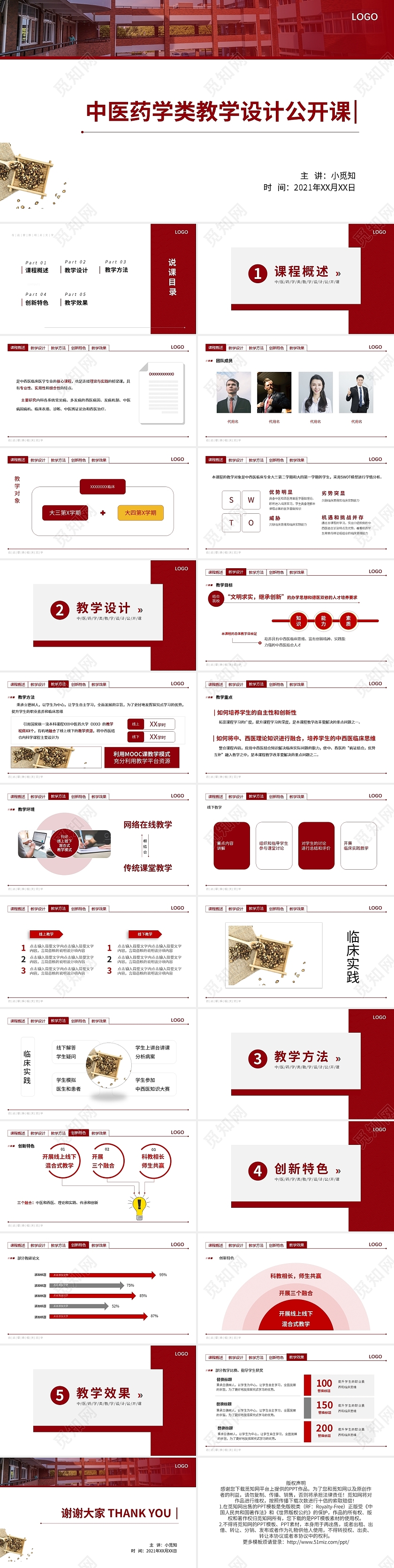 红色简约中医药学类教学设计公开课PPT模板宣传PPT动态