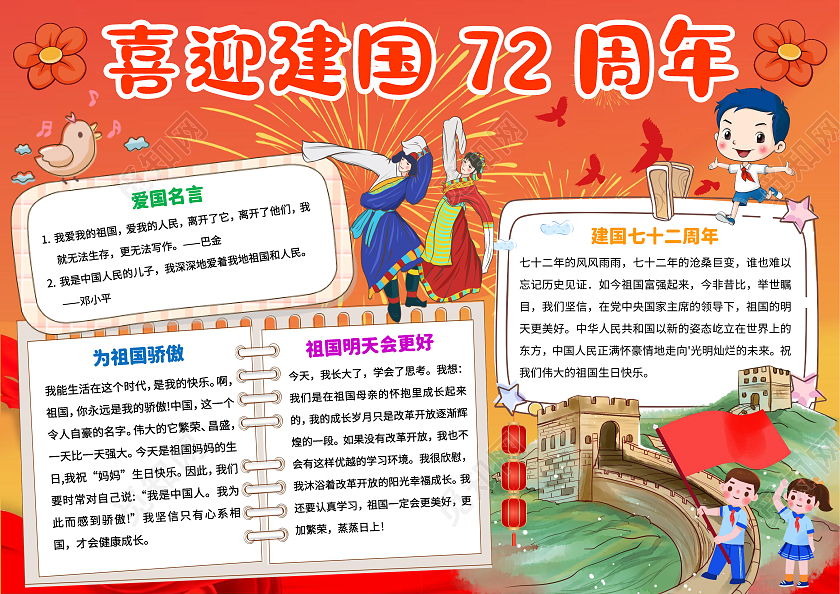 橙色卡通喜迎72周年小报手抄报卡通小报手抄报