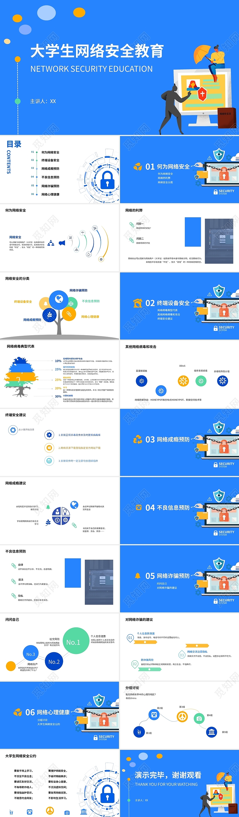 大学生网络安全教育扁平插画风蓝黄绿调PPT模板