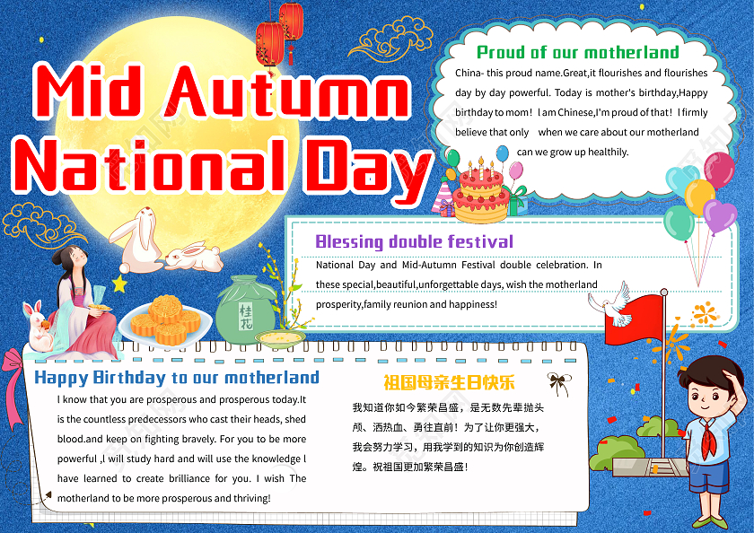 蓝色卡通MidAutumnNationalDay卡通小报国庆中秋英文