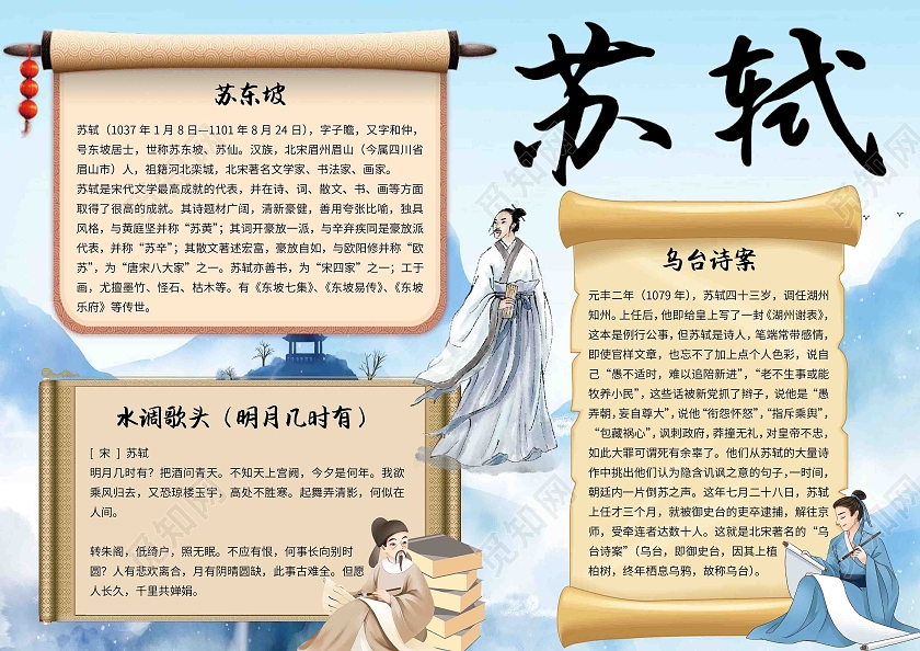 蓝色古风苏轼语文古诗水调歌头古风简介古诗词小报手抄报