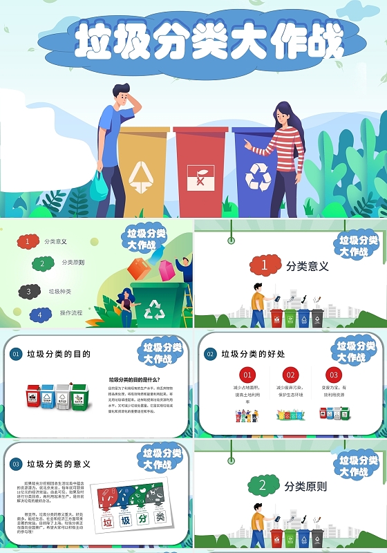 白色卡通风格垃圾分类大作战PPT模板垃圾分类主题教育
