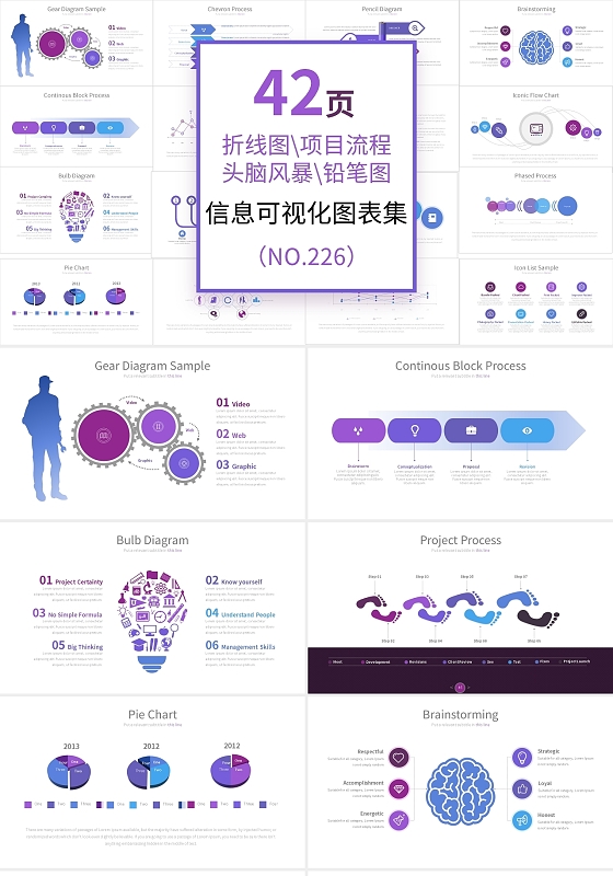 紫色折线图项目流程头脑风暴铅笔图信息可视化图表集PPT模板折线图表