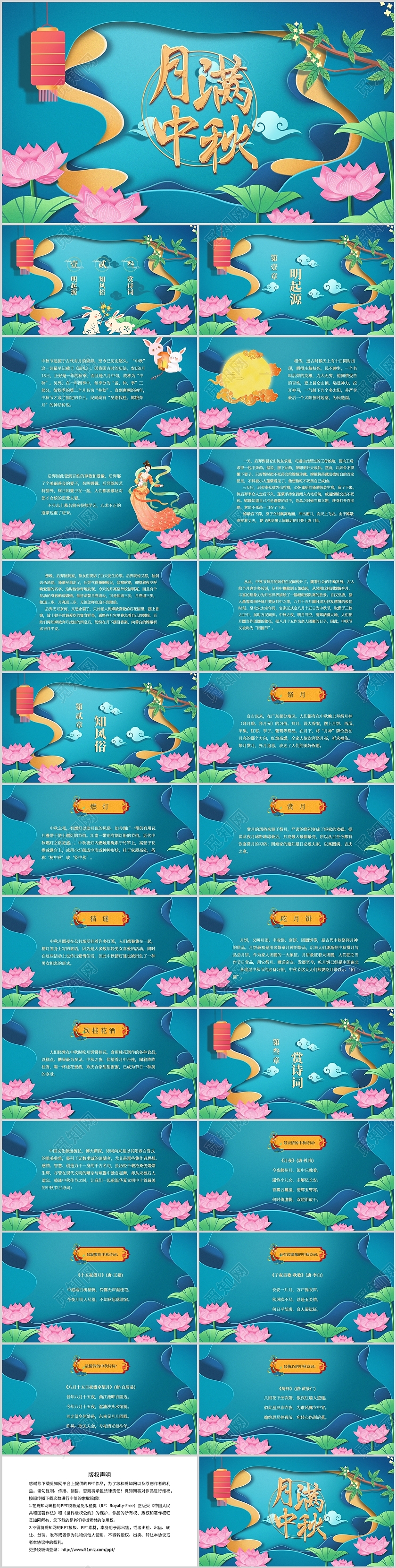 蓝色立体剪纸中国风中秋节介绍古风知识PPT模板