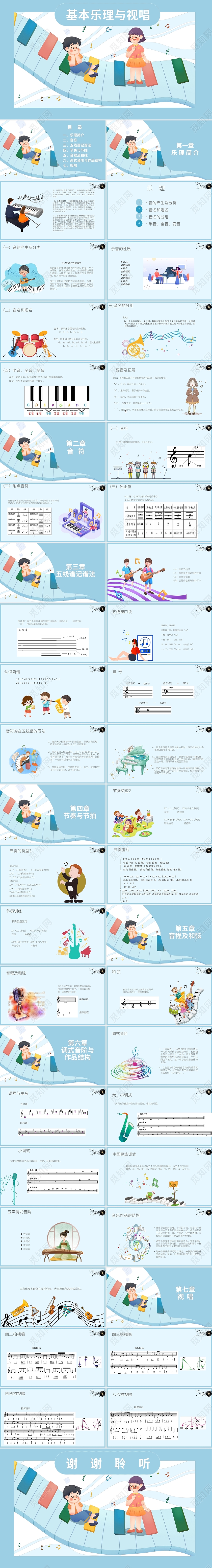 蓝色可爱卡通插画风基本乐理与视唱培训说课PPT模板课件