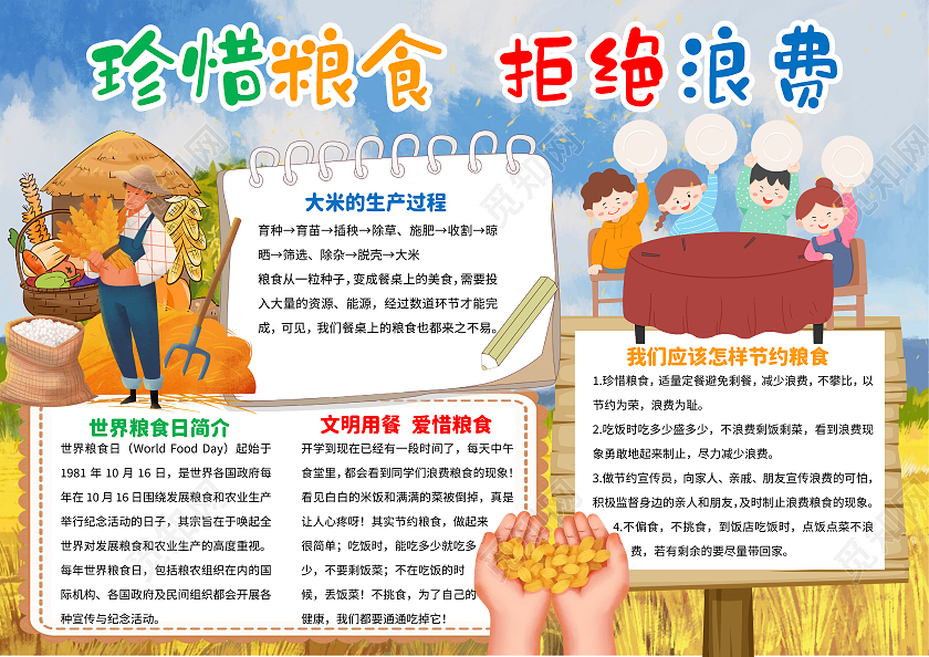 蓝色卡通珍惜粮食拒绝浪费珍惜粮食小报手抄报卡通小报手抄报