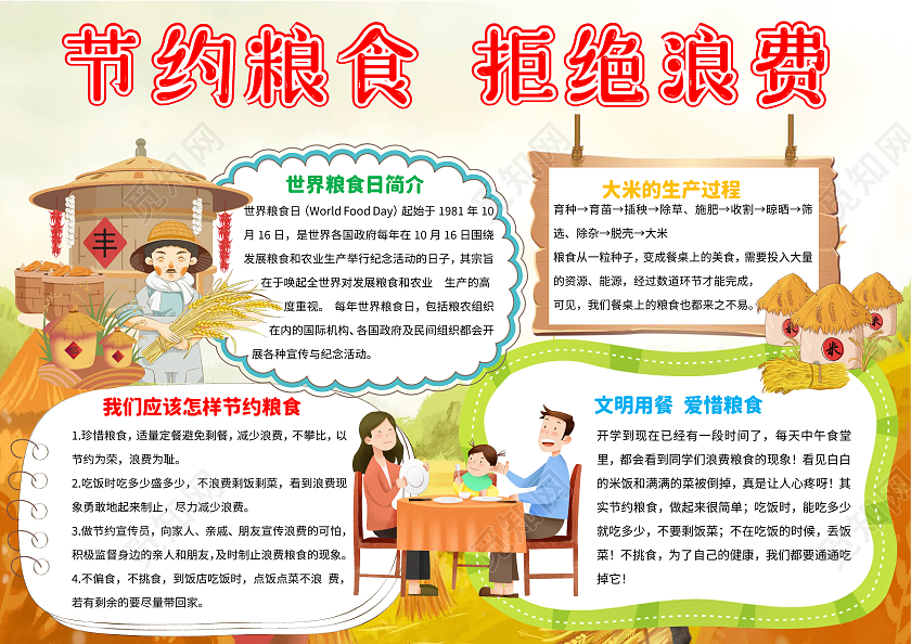 淡黄色卡通节约粮食拒绝浪费珍惜粮食小报手抄报卡通小报手抄报