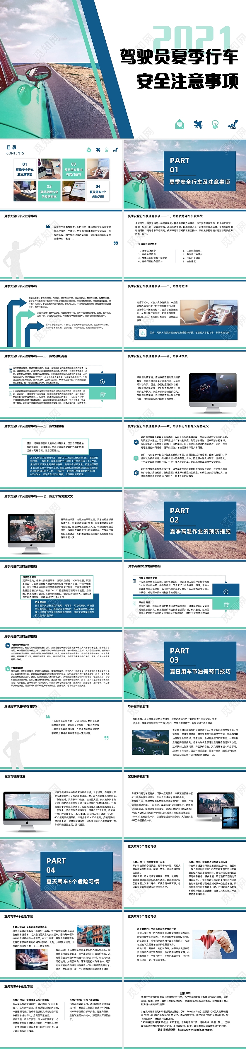 蓝色绿色驾驶员夏季行车安全注意事项汽车安全教育PPT模板