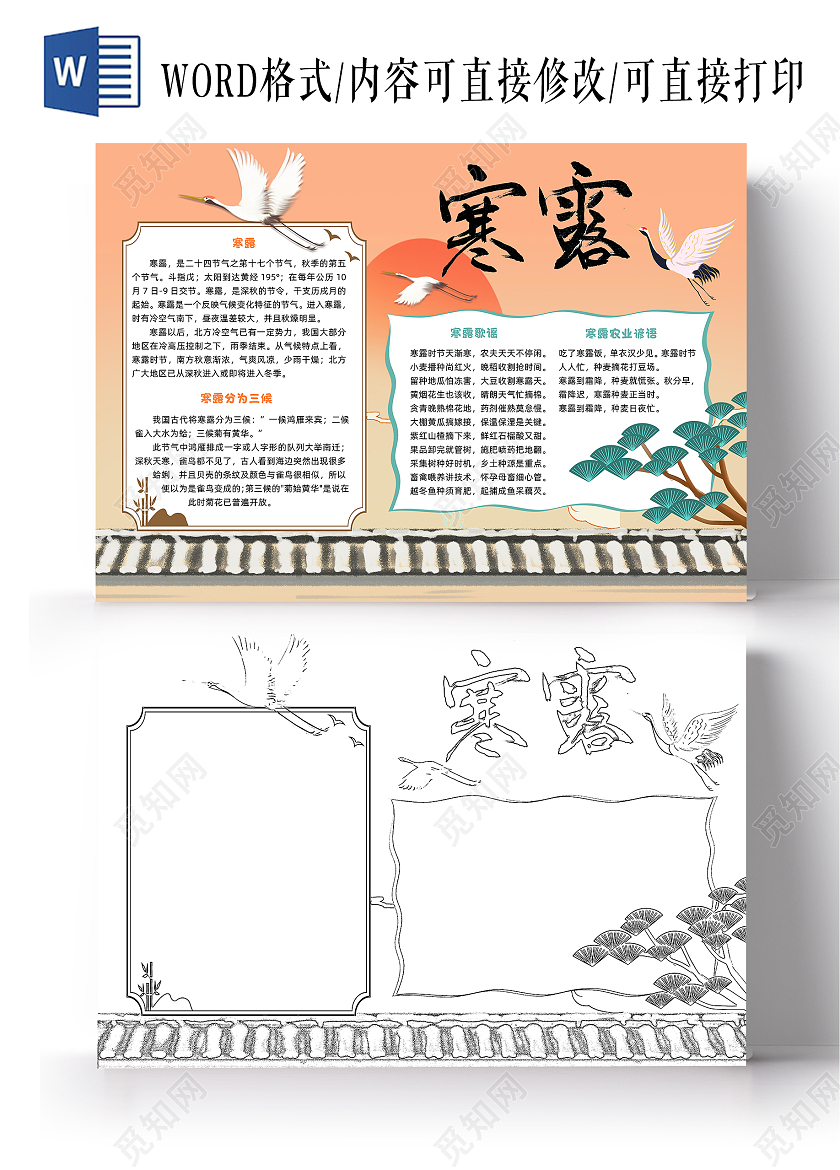 橙色卡通寒露小报手抄报卡通小报手抄报