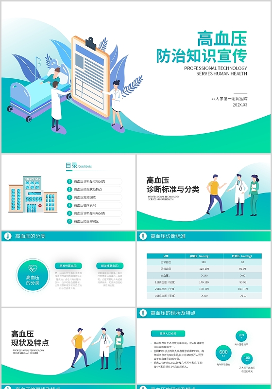 绿色简约专业医疗宣传高血压防治知识常识健康培训通用PPT模板高血压健康教育