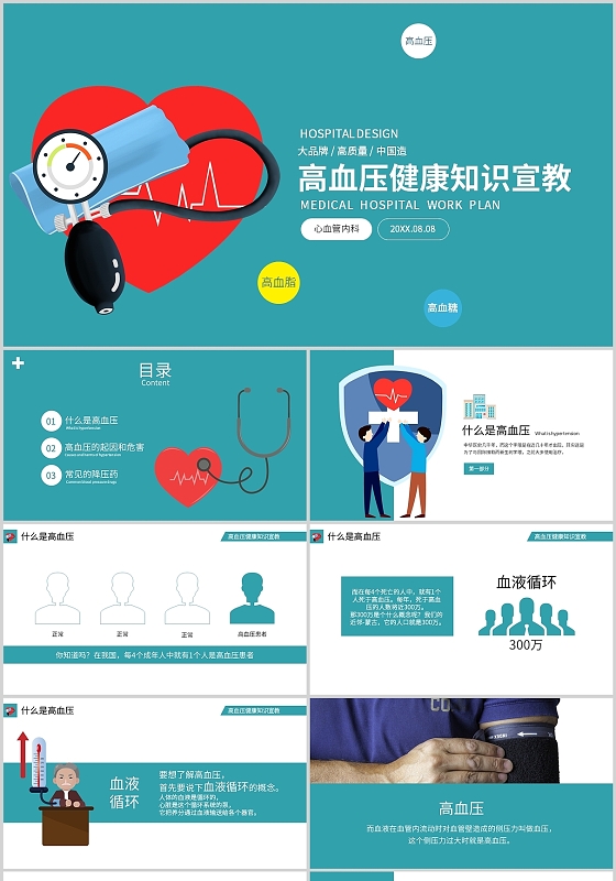绿色医疗专业高端通用培训高血压健康知识宣教PPT模板高血压健康教育