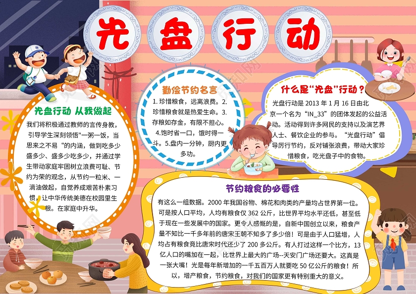 粉色卡通光盘行动拒绝舌尖上浪费卡通小报手抄报