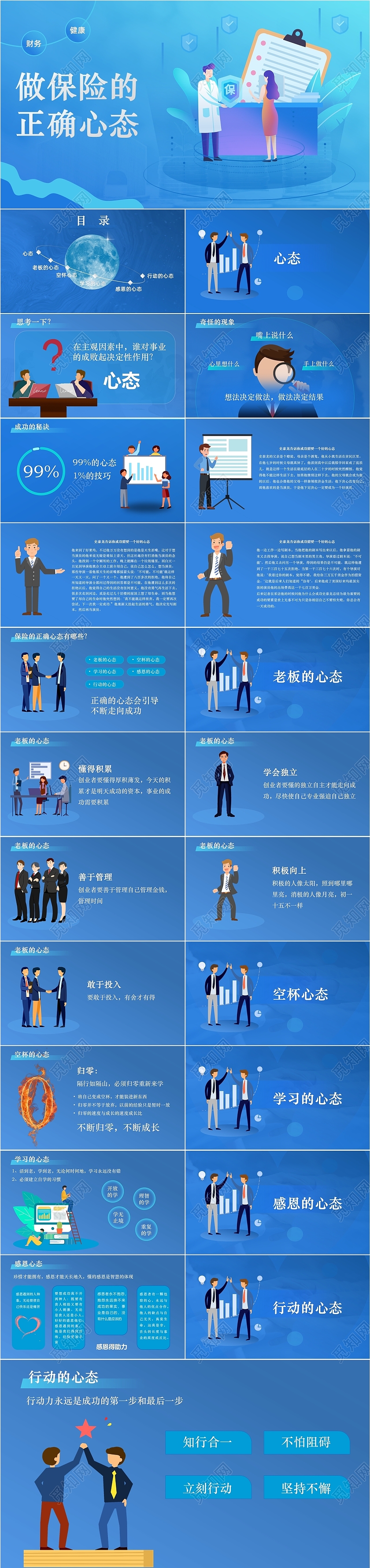 蓝色插画风科技风做保险的正确心态培训PPT模板