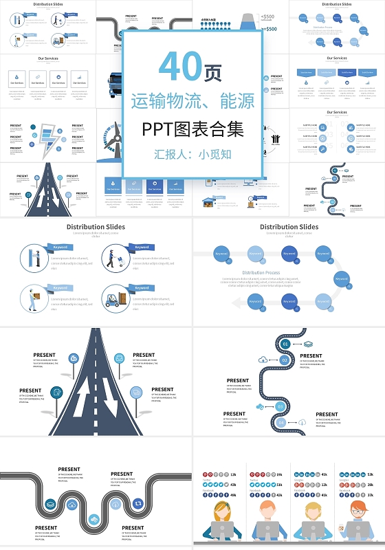 蓝色简约运输物流能源PPT图表合集PPT模板宣传PPT动态运输物流图表