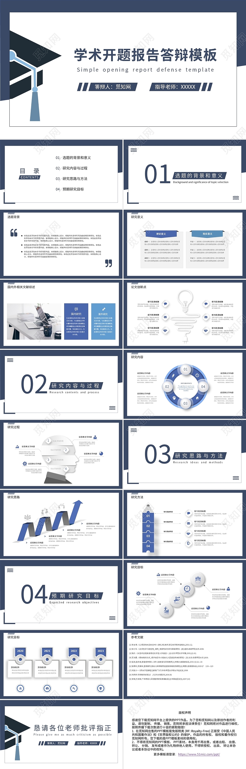 蓝色简约学术开题报告答辩模板ppt模板