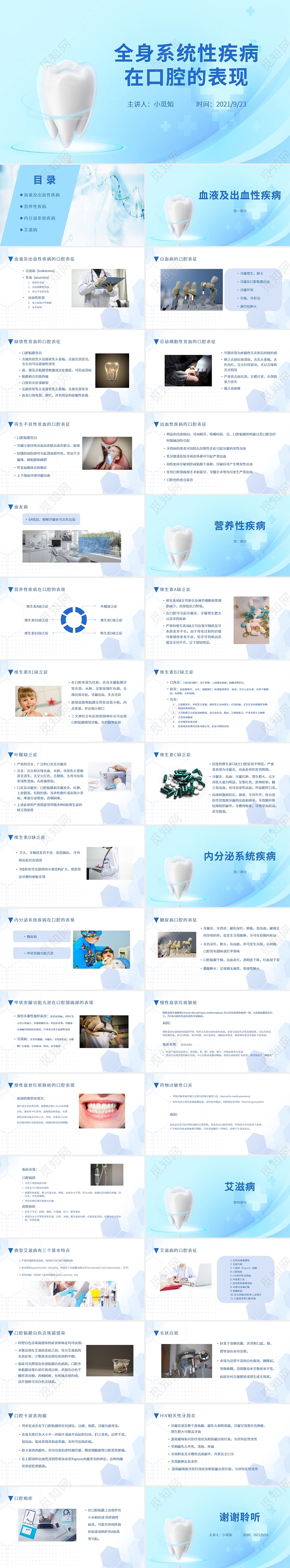 蓝色水彩简约商务全身系统性疾病在口腔的表现培训PPT课件