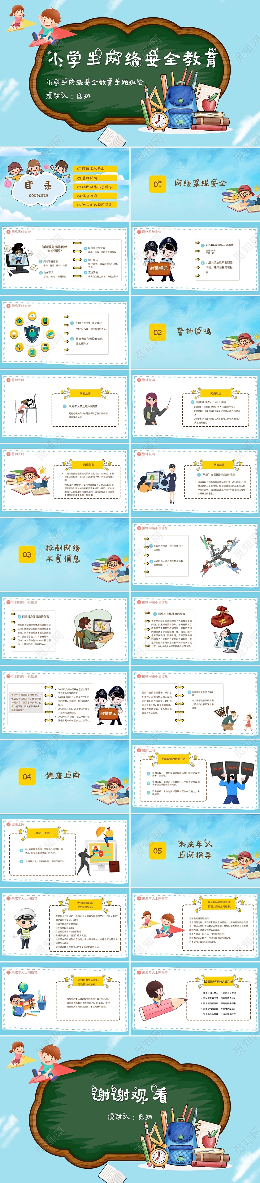 蓝色卡通小学生网络安全教育主题班会PPT模板