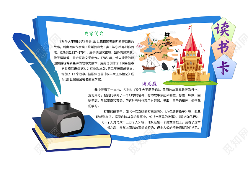 白色卡通吹牛大王历险记读书卡小报手抄报