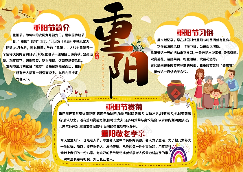黄色卡通重阳节小报手抄报节日小报手抄报