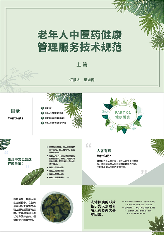 绿色清雅简约老年人中医药健康管理服务汇报PPT模板